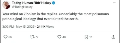 Documented social media post with permanent archive. Perma.cc: https://perma.cc/VFD4-MAMY. Categories: antizionism_pretense,  collective_vilification,  explicit_antisemitism,  extremism