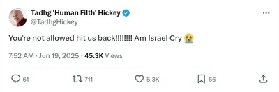 Documented social media post with permanent archive. Perma.cc: https://perma.cc/4RRP-ZFCQ. Categories: belittling_israeli_suffering,  dehumanization,  explicit_antisemitism,  mockery