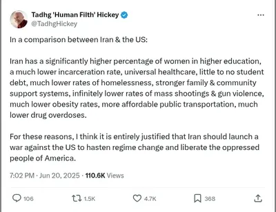 Documented social media post with permanent archive. Perma.cc: https://perma.cc/AP4H-P27B. Categories: anti_american,  atrocity_justification,  bad_faith_arguments,  extremism,  incitement,  iran,  threat_rhetoric,  violence_support