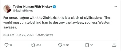 Documented social media post with permanent archive. Perma.cc: https://perma.cc/K5BN-PGF4. Categories: dehumanization,  extremism,  incitement,  iran,  nazi_comparisons,  violence_support