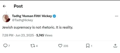 Documented social media post with permanent archive. Perma.cc: https://perma.cc/EG5M-4R3P. Categories: collective_vilification,  explicit_antisemitism,  extremism,  jewishsupremacism